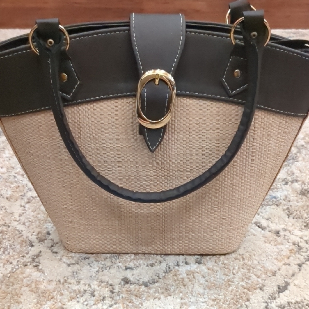 Tan and Black Tote with Leather Trim